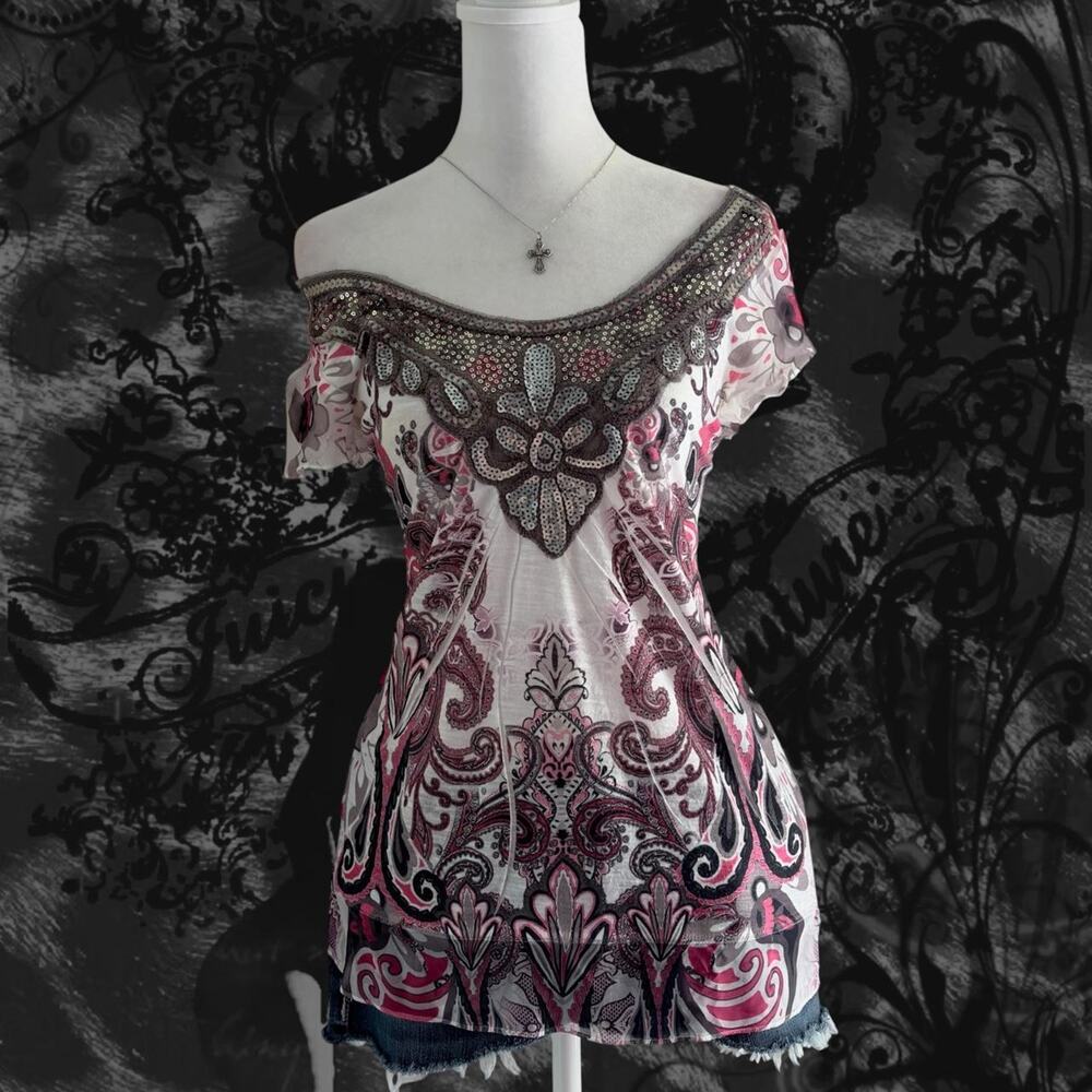 black pink white fairy boho glam baroque paisley print sequins embellished top